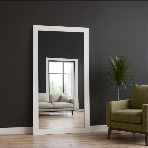 Duże lustro ścienne w białej szerokiej matowej ramie - 8003001